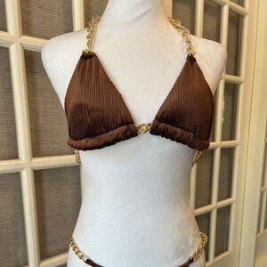 Love Island Vibes Swimsuit Bikini set, color brown with gold chains, size S.